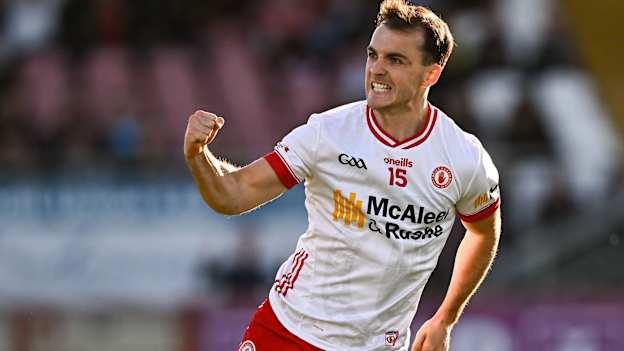 Darragh Canavan celebrates a score for Tyrone. Photo by Piaras Ó Mídheach/Sportsfile