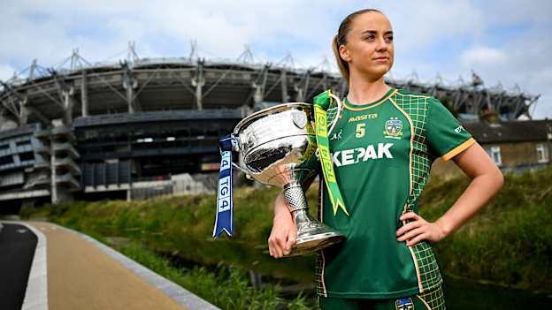 Meath captain Aoibhín Cleary with the Brendan Martin Cup outside Croke Park. Photo by Ramsey Cardy/Sportsfile