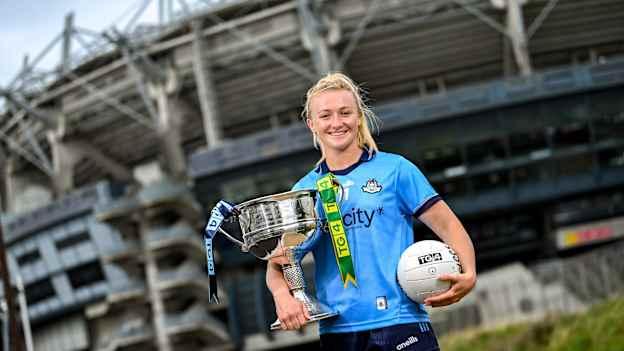 Carla Rowe and the Brendan Martin Cup. Photo by Ramsey Cardy/Sportsfile