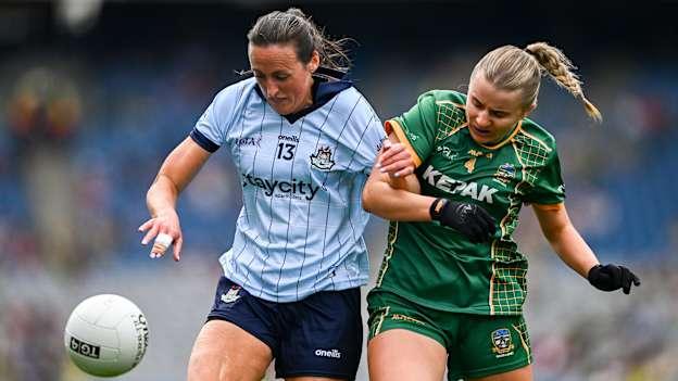 Dublin's Hannah Tyrrell and Katie Newe of Meath tussle for possession during the Leinster final. Photo by Piaras Ó Mídheach/Sportsfile