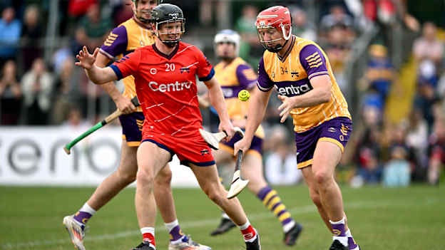 Kildare hurler Rian Boran, representing Davy Russell's Best, challenges former Galway hurler Joe Canning during the Hurling for Cancer Research 2025 charity match. Photo by Piaras Ó Mídheach/Sportsfile