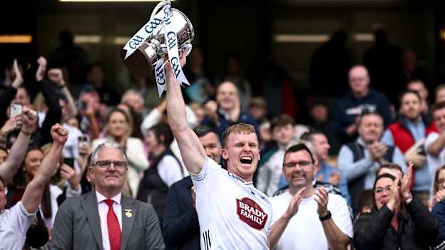 Kildare captain Rian Boran lifts the Joe McDonagh Cup. Photo by Ramsey Cardy/Sportsfile
