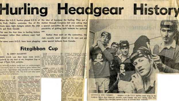 A Sunday Press cutting detailing how six UCC players wore ice-hockey helmets for their Fitzgibbon Cup clash with UCD in February 1969. 