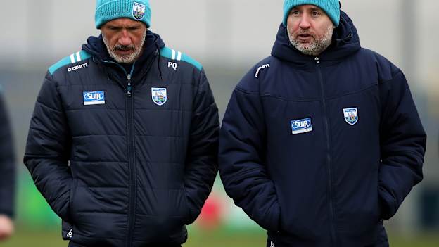 Waterford manager Peter Queally, left, with coach Eoin Kelly before the Allianz Hurling League Division 1B match between Waterford and Laois at Walsh Park in Waterford. Photo by Michael P Ryan/Sportsfile