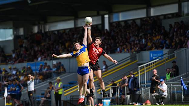 Keelan Sexton of Clare and Pierce Laverty of Down contest a kickout during their All-Ireland SFC Round 1 match. Photo by Tom Beary/Sportsfile