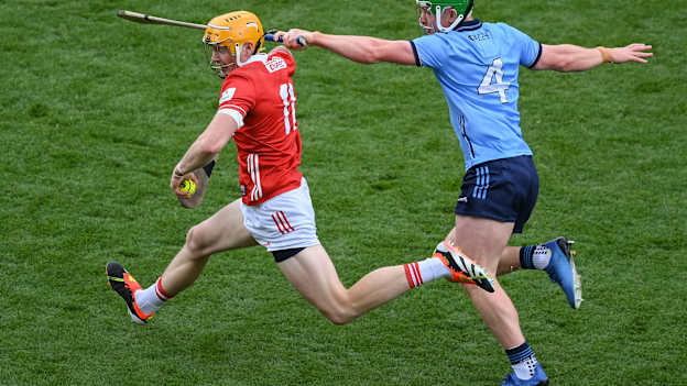 Conor McHugh keeps the pressure on Cork's Shane Barrett during their All-Ireland SHC semi-final tie at Croke Park. Photo by Stephen McCarthy/Sportsfile