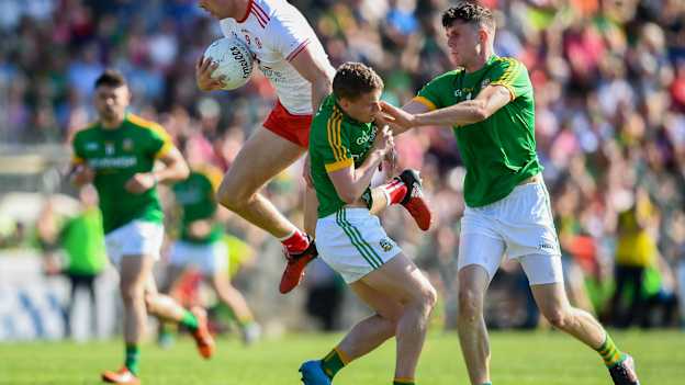 Pádraig McNulty of Tyrone in action against Shane Gallagher and Adam Flanagan, right, of Meath during a 2018 All-Ireland SFC qualifier between Meath and Tyrone. Photo by Stephen McCarthy/Sportsfile
