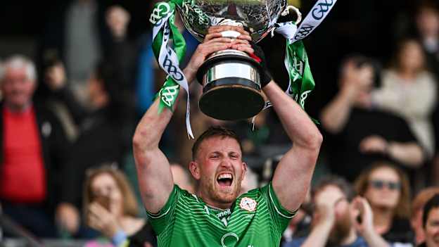 London captain Sean Glynn lifts the Christy Ring Cup after the Christy Ring Cup final match between Derry and London at Croke Park in Dublin. Photo by Stephen Marken/Sportsfile.