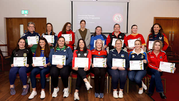 Participants with their certificates in the company of Facilitator Emma Cosgrove during the Leading Munster Females Graduation ceremony at Mallow GAA Sports Complex in Cork. Photo by Michael P Ryan/Sportsfile.