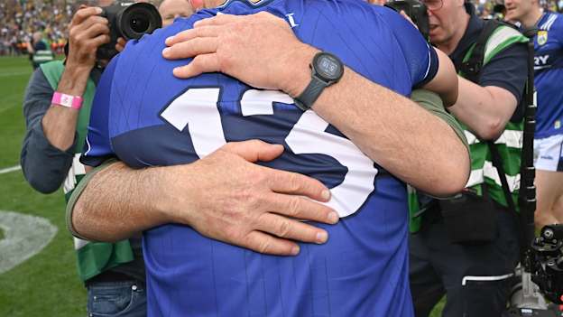 Kerry manager Jack O'Connor and David Clifford celebrate after their side's victory in the GAA Football All-Ireland Senior Championship final match between Kerry and Donegal at Croke Park in Dublin. Photo by Seb Daly/Sportsfile.