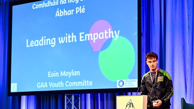 Eoin Moylan, GAA Youth Committee, speaking at the GAA Youth Forum 2025 at Croke Park in Dublin. Photo by Piaras Ó Mídheach/Sportsfile.