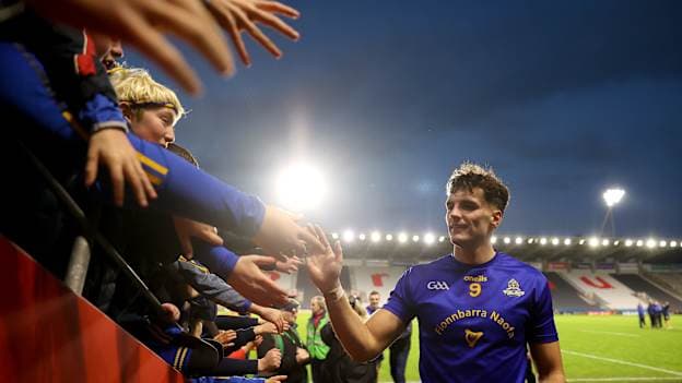 Brian Hayes of St Finbarr's with supporters after the AIB Munster GAA Football Senior Club Championship semi-final match between Eire Óg Ennis and St Finbarr's at Supervalu Páirc Uí Chaoimh in Cork. Photo by Michael P Ryan/Sportsfile.