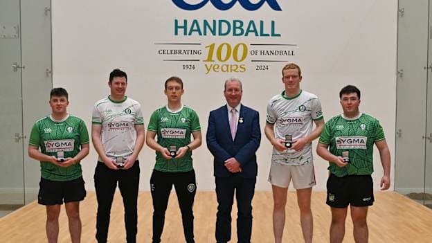 The Liscarroll team with GAA Handball President Conor McDonnell.