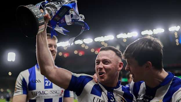 Ballyboden St Enda's players Cathal Flaherty, left, and James Madden celebrate with the Seán McCabe Cup after their side's AIB Leinster club SFC final win. Photo by Thomas Flinkow/Sportsfile