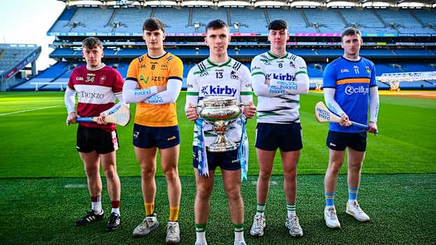 Electric Ireland Fitzgibbon Cup competitors, from left, Ian McGlynn of University of Galway, Dónal Shirley of DCU Dóchas Éireann, Jack Leahy of UL, Killian Doyle of UL and James Duggan of UCD at the tournament launch. Photo by Shauna Clinton/Sportsfile