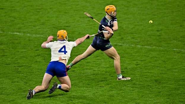 Adam English of UL and Ronan O'Connor (4) of MICL during the Electric Ireland Fitzgibbon Cup final. Photo by Sam Barnes/Sportsfile