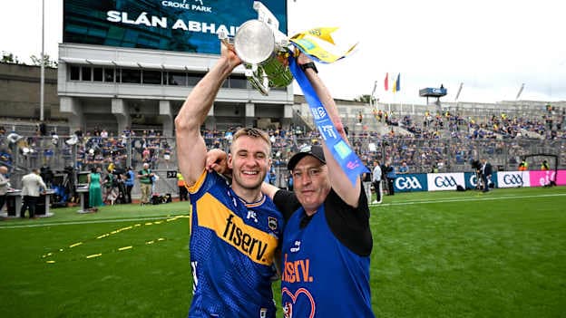 John McGrath and Liam Cahill hoist the Liam MacCarthy Cup at Croke Park after victory over Cork in the 2025 All-Ireland SHC Final. Photo by Stephen McCarthy/Sportsfile