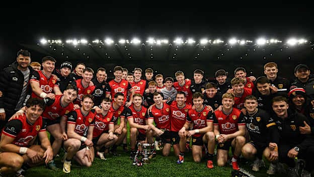 Down players celebrate with the cup after the Allianz Football League Division 3 final match between Down and Wexford at Croke Park in Dublin. Photo by David Fitzgerald/Sportsfile