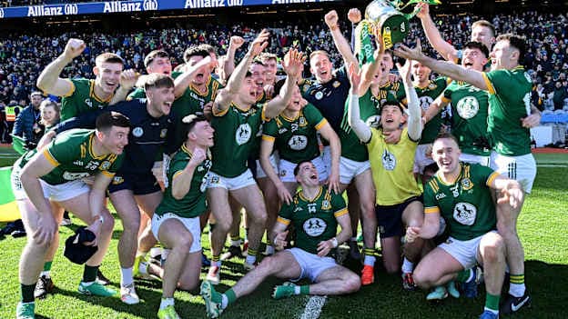 Meath celebrate with the cup after winning the Allianz NFL Division 2 final. Photo by Ray McManus/Sportsfile