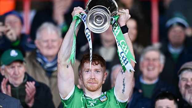 Limerick captain Cian Lynch lifts the cup after the Allianz Hurling League Division 1A final match between Limerick and Cork at TUS Gaelic Grounds in Limerick. Photo by Ben McShane/Sportsfile