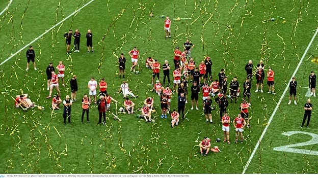 Dejected Cork players watch the presentation after the GAA Hurling All-Ireland Senior Championship final match between Cork and Tipperary at Croke Park in Dublin. Photo by Daire Brennan/Sportsfile.