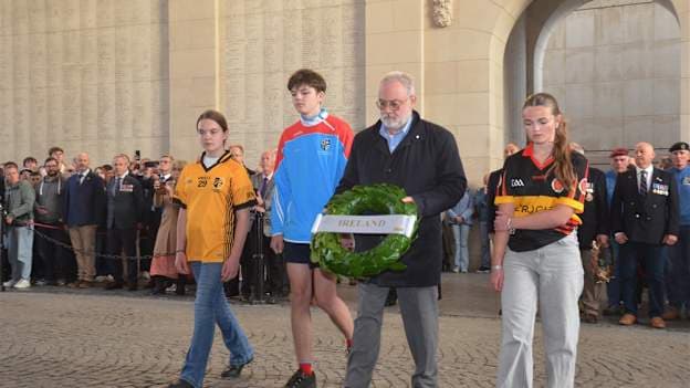 Ireland’s Ambassador to Belgium, Kevin Conmy, pictured at the Menin Gate Last Post Ceremony with young Gaelic games players from Belgium, The Netherlands, and Luxembourg, laying a wreath in memory of the Irishmen who died in World War 1.