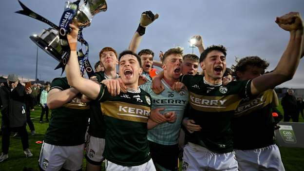 Kerry captain Paddy Lane and his teammates celebrate with the cup after the Dalata Hotel Group Munster U20 Football Championship final match between Kerry and Cork at Austin Stack Park in Tralee, Kerry. Photo by Brendan Moran/Sportsfile