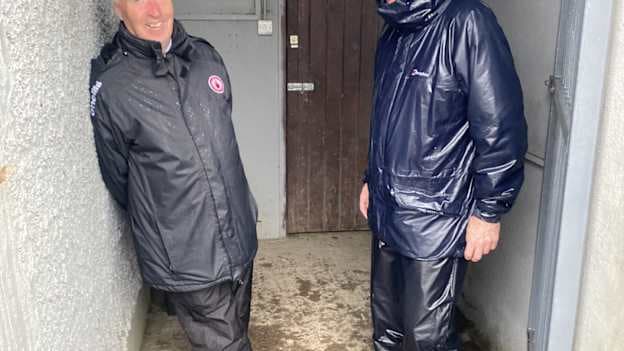 Gerard Bradley, right, on gate duty at a club championship match in Plunkett Park, Pomeroy, last year with Sean Mc Guigan of Carrickmore Naomh Colmcilles. 