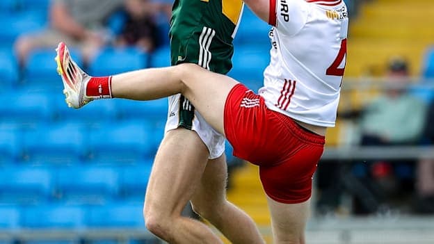 Tomás Kennedy of Kerry in action against Conor Devlin of Tyrone during the 2025 Dalata Hotel Group GAA Football All-Ireland U20 Championship semi-final match. The two players will go head to head again in tomorrow's All-Ireland Final. Photo by Thomas Flinkow/Sportsfile