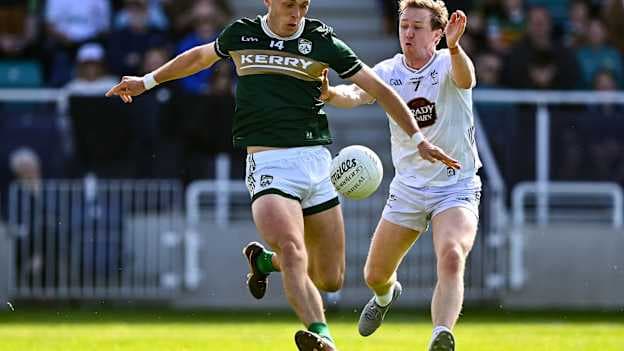 David Clifford of Kerry in action against Brian Byrne of Kildare during the GAA Football All-Ireland Senior Championship Round 2B match between Kildare and Kerry at Cedral St Conleth's Park in Newbridge, Kildare. Photo by Piaras Ó Mídheach/Sportsfile