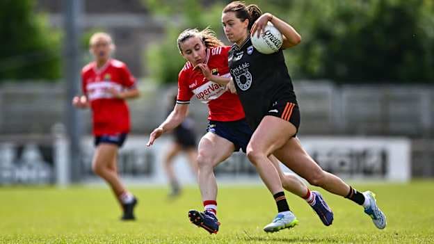 Aimee Mackin in action against Melissa Duggan of Cork during the TG4 All-Ireland SFC. Photo by Tyler Miller/Sportsfile