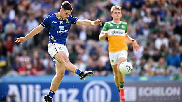 Eoin Darcy of Wicklow scores his side's first goal during the Tailteann Cup semi-final match between Offaly and Wicklow at Croke Park in Dublin. Photo by Seb Daly/Sportsfile