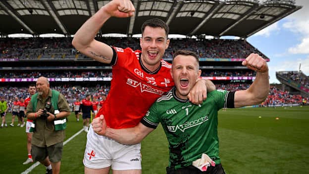 Conall McCaul of Louth, left, and Louth goalkeeper Niall McDonnell celebrates after his side's victory in the GAA Football All-Ireland Senior Championship quarter-final match between Louth and Monaghan at Croke Park in Dublin. Photo by Sam Barnes/Sportsfile