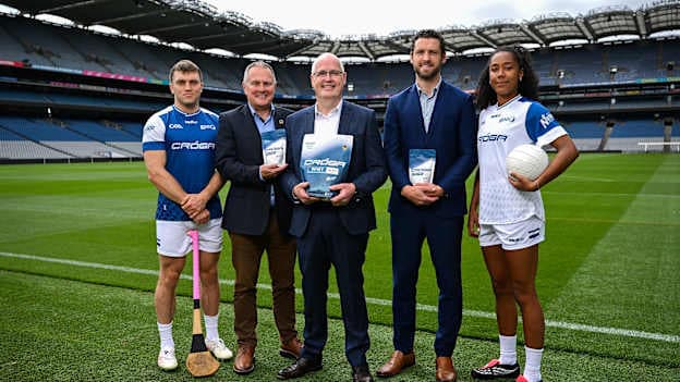 Managing Director, Nuvion Nutrition, John Cunningham, centre, with Croke Park stadium director Peter McKenna, GPA CEO Tom Parsons, Clare hurler Shane O'Donnell and Antrim ladies footballer Lara Dahunsi during the Cróga Nutrition product launch at Croke Park in Dublin. This launch event unveiled a groundbreaking new sports nutrition brand, specially formulated for Gaelic games, that has been developed as a joint venture between the GAA, GPA and Nuvion Nutrition. Photo by David Fitzgerald/Sportsfile.