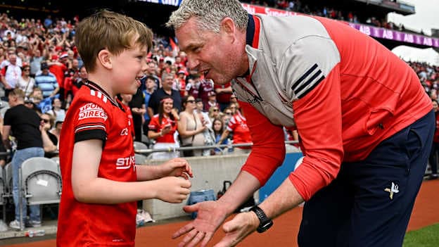  Louth manager Gavin Devlin celebrates with his son, Niall, after the All-Ireland SFC quarter-final win over Monaghan. Photo by Seb Daly/Sportsfile