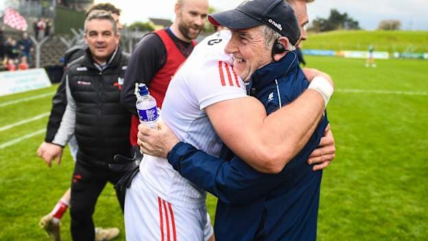 Conor Grimes with former Louth manager Mickey Harte. Photo by Daire Brennan/Sportsfile