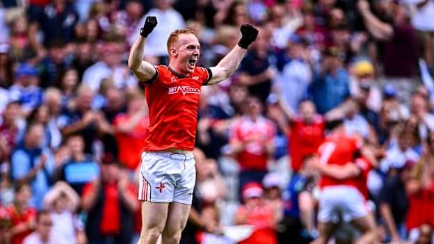 Louth defender Donal McKenny celebrates after the All-Ireland SFC quarter-final win over Monaghan. Photo by Piaras Ó Mídheach/Sportsfile