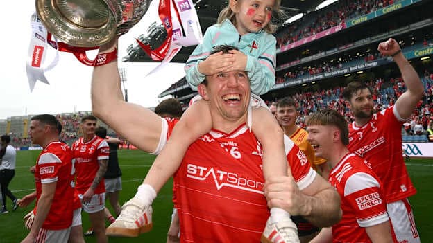 Bevan Duffy of Louth with his daughter Lydia, age 5, after the Leinster GAA Football Senior Championship final match between Louth and Meath at Croke Park in Dublin. Photo by Ramsey Cardy/Sportsfile.