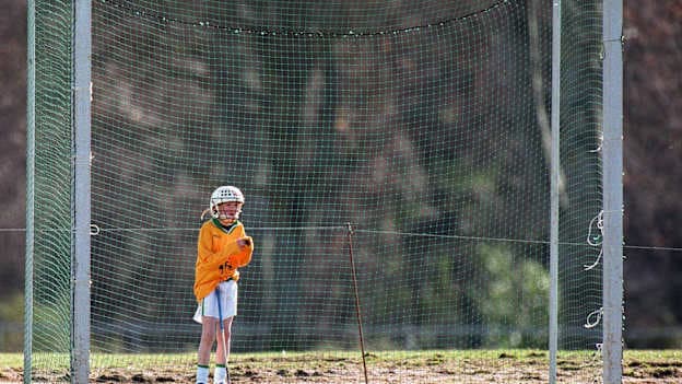 Nickie Quaid, a son of the former Limerick goalkeeper Tommy, awaits developments in the cold, during the Under-12 International Challenge Match, between Scotland and Ireland, as part of the "Shinty / Hurling" tournament at Bught Park, Inverness, Scotland in 1999. Picture credit: Ray McManus /