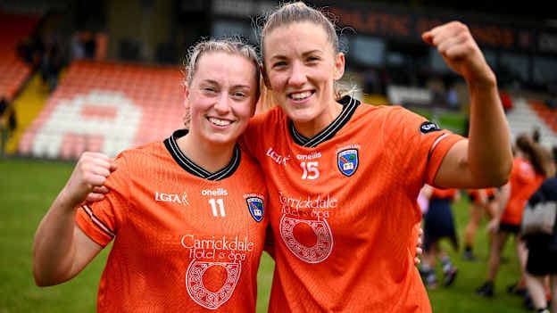 Armagh players Aoife McCoy, left, and Kelly Mallon celebrate after the LGFA TG4 All-Ireland SFC quarter-final between Armagh and Kildare at BOX-IT Athletic Grounds in Armagh. Photo by Shauna Clinton/Sportsfile