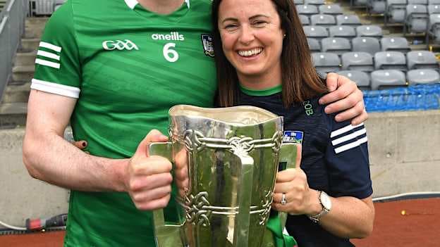 Limerick captain Declan Hannon and Limerick performance psychologist Caroline Currid with the Liam MacCarthy Cup after the GAA Hurling All-Ireland Senior Championship Final match between Kilkenny and Limerick at Croke Park in Dublin. Photo by Ray McManus/Sportsfile.
