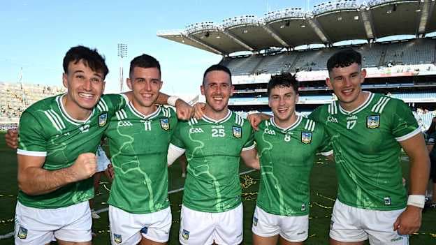 Limerick players, from left, Cathal O'Neill, Aidan O'Connor, Darragh O'Donovan, Adam English and Colin Coughlan after the All-Ireland SHC final win. Photo by Stephen McCarthy/Sportsfile