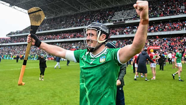 Darragh O'Donovan celebrates after the Munster SHC final at SuperValu Páirc Uí Chaoimh in Cork. Photo by Daire Brennan/Sportsfile