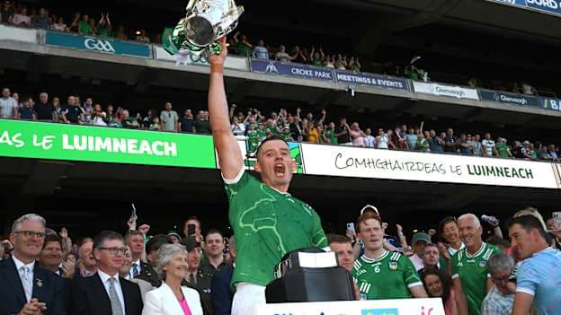 Gearóid Hegarty of Limerick celebrates with the Liam MacCarthy cup. Photo by Ray McManus/Sportsfile