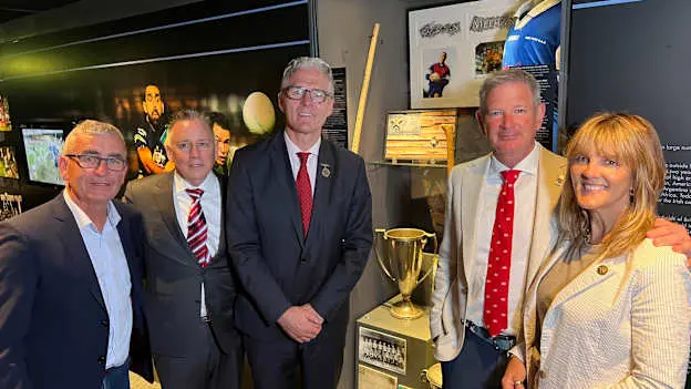 Pictured left to right at the unveiling of Damian Meehan's exhibition in the GAA Museum were: Seóg Campbell, first cousin of Damian Meehan, Paul McCormack, Executive Director of Ground Zero 360 and former team-mate of Damian Meehan, Jarlath Burns, Uachtarán Cumann Lúthchleas Gael, Ed Walsh, US Ambassador to Ireland, and his wife Lynn. 