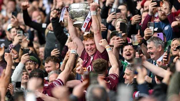 Westmeath captain Ronan Wallace lifts the Delaney cup after their Leinster SFC triumph. Photo by Daire Brennan/Sportsfile