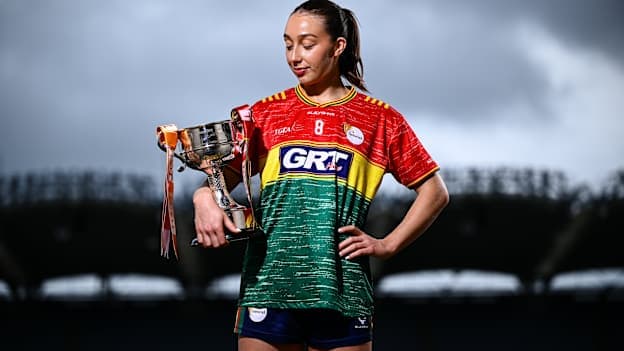 Carlow footballer Róisín Bailey with The West County Hotel Cup ahead of Sunday's TG4 All-Ireland Ladies JFC final against Antrim at Croke Park. Visit ladiesgaelic.ie for ticket information. Photo by Shauna Clinton/Sportsfile