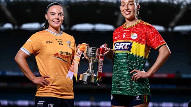Antrim footballer Bronagh Devlin, left, and Róisín Bailey. Visit ladiesgaelic.ie for ticket information. Photo by Shauna Clinton/Sportsfile