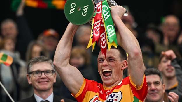 The Carlow footballers were successful at Croke Park earlier this year, winning the Allianz NFL Division 4 title. Captain Mikey Bambrick lifts the cup. Photo by David Fitzgerald/Sportsfile
