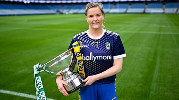 Roscommon footballer Helena Cummins with The Mary Quinn Memorial Cup ahead of the TG4 All-Ireland Ladies Football IFC final against Fermanagh on Sunday. Visit ladiesgaelic.ie for ticket information. Photo by Piaras Ó Mídheach/Sportsfile